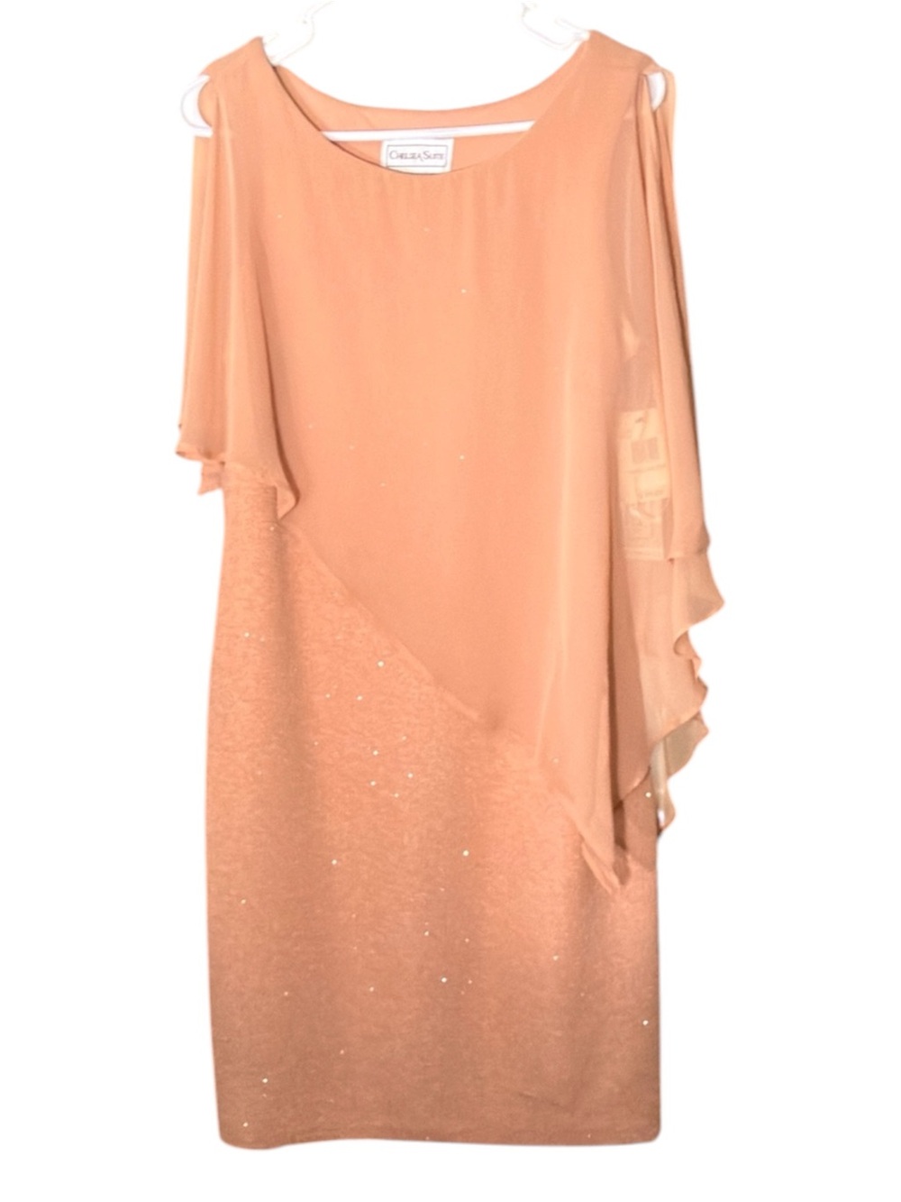 Chelsea Suite sparkling peach dress w/asymmetrical sheer cape NWT Women’s 12 |pp